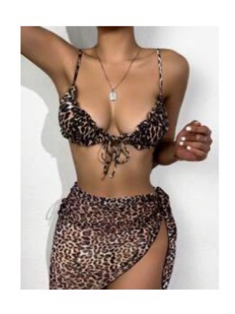 Leopard Print Tie-Front Bikini Top and Sarong Set - Brown